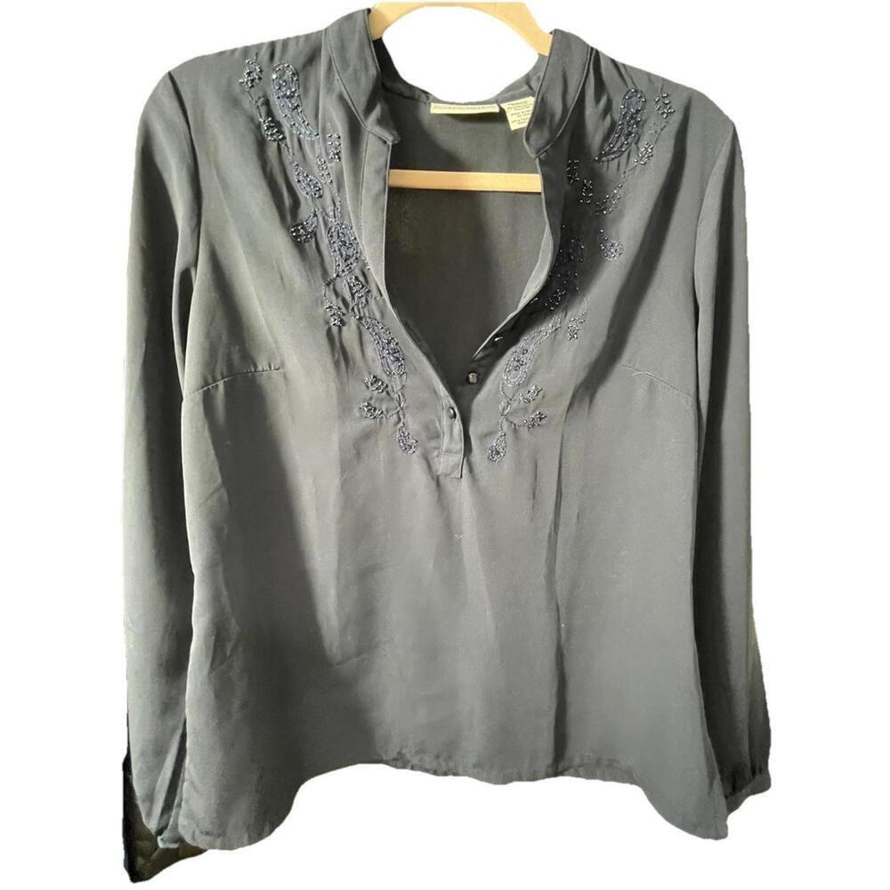 Jaclyn Smith Navy Beaded Blouse Size Small Sheer Long Sleeve